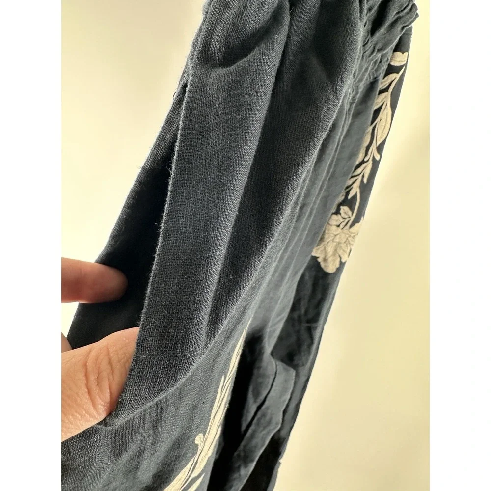 Anthropologie Somerset LINEN WIDE LEG Black Floral Pull-On Pants Cropped Sz M